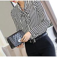 Women\'s Fine Stripe Striped Black Shirt, Ruff Collar Long Sleeve