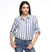 Women\'s Fine Stripe Casual/Daily Simple Fall T-shirt, Striped Shirt Collar ¾ Sleeve White Cotton