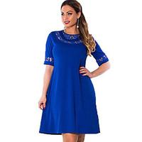 Women\'s Street chic Plus Size / Lace Dress, Solid Round Neck Knee-length ½ Length Sleeve Blue / Red / Black Rayon Spring