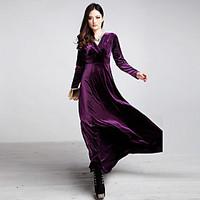 womens velvet fashion long sleeve v neck high grade gold velvet dress