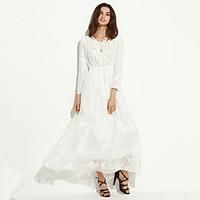 Women\'s Lace Party Swing Dress, Solid Round Neck Maxi Long Sleeve White Silk/Polyester Spring/Fall/Winter