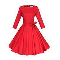 womens bow party vintage skater dress solid boat neck knee length slee ...