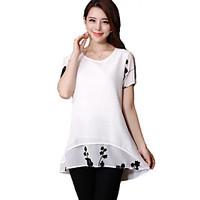 Women\'s Casual/Daily Simple Summer Blouse, Print Round Neck Short Sleeve White / Black Polyester Thin
