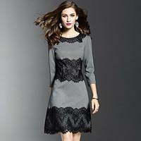 Women\'s Lace Going out Simple A Line Dress, Embroidered Round Neck Knee-length ½ Length Sleeve Gray Polyester Fall Mid Rise Micro-elastic Medium