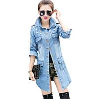 Women\'s Going out Vintage Denim Jackets, Solid Shirt Collar Long Sleeve Blue