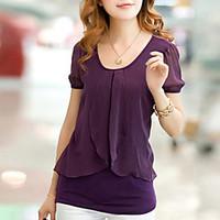 womens ruffle casual micro elastic short sleeve regular blouse chiffon ...