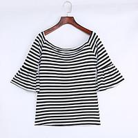 Women\'s Fine StripeFlare Sleeve Black White Stripes Off-the-shoulder Top