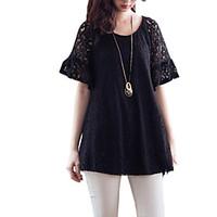 Women\'s Lace Going out Plus Size / Simple Blouse, Solid Round Neck Short Sleeve Black Rayon Thin