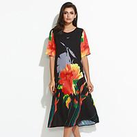 Women\'s Plus Size / Going out Chinoiserie Loose DressFloral Round Neck Maxi Length Sleeve Black Polyester Summer