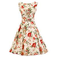 Women\'s Party Vintage A Line Dress, Floral Round Neck Knee-length Sleeveless Beige Cotton All Seasons