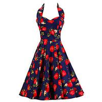 Women\'s Dark Blue Strawberry Pattern Floral Dress , Vintage Halter 50s Rockabilly Swing Dress