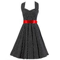 Women\'s Backless Black White Mini Polka Dot Dress, Vintage Halter 50s Rockabilly Swing Dress