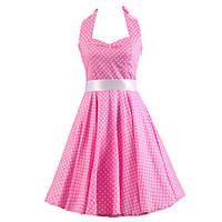Women\'s Pink White Mini Polka Dot Dress , Vintage Halter 50s Rockabilly Swing Dress