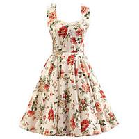 Women\'s Cream Floral Dress , Vintage Halter 50s Rockabilly Swing Dress