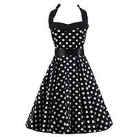 Women\'s Going out Vintage / Cute A Line / Black and White / Skater Dress, Polka Dot Halter Knee-length Sleeveless Black Cotton SummerHigh