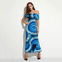 Women\'s Casual/Daily Boho Holiday Beach Backless Sheath Dress, Print Boat Neck Maxi Sleeveless Blue