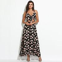 Women\'s Backless Casual/Daily / Beach Cute Sheath Dress, Floral Strap Maxi Sleeveless Black Cotton Summer