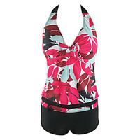 womens straped push up backless tankini lace up color block fuchsia