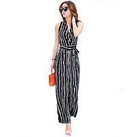 Women\'s Fine Stripe Wide Leg Jumpsuits, Casual/Daily Beach Holiday Simple Street chic Striped V Neck Sleeveless High Rise Polyester Micro-elastic