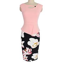Women\'s Work Sexy Sheath Dress, Patchwork Asymmetrical Knee-length Sleeveless Polyester Summer Print Randomly