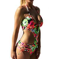 Women\'s PlungingLace up Halter One-piece Swimwear Lace Up Rainbow Floral Hollow Nylon Multi-color Green/Black