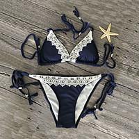 womens sexy halter bikini swimwear lace solid lace up nylon yellownavy ...