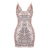 Women\'s Sequin Casual/Daily Formal Simple Bodycon Dress, Solid V Neck Mini Above Knee Sleeveless Polyester Pink All Seasons Low Rise Micro-elastic