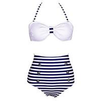 womens retrohigh waistbandeau strips print whitenavy blue bikini vinta ...