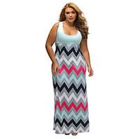 Women\'s Boho Plus Size Light Blue Top Multicolor Zigzag Maxi Dress