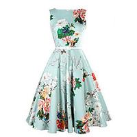 Women\'s Party Vintage A Line Dress, Floral Round Neck Midi Sleeveless Cotton Summer Mid Rise Micro-elastic