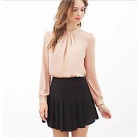 womens formal simple fall blouse solid round neck long sleeve pink bla ...