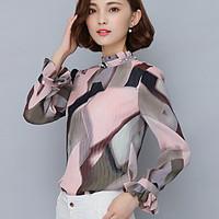 Women\'s Ruffle Spring Fall Go out Casual Tops Fashion Wild Pink Printing Stand Collar Long Sleeve Chiffon Blouse