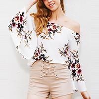 Women\'s Going out Holiday Sexy Vintage Spring Fall T-shirtFloral All Match Backless Off-The-Shoulder Boat Neck Long Sleeve