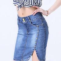 womens solid blue cotton denim skirt sexy bodycon casual split rivet a ...