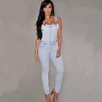 Women\'s Solid Blue Slim Denim Suspender Pant , Casual / Cute