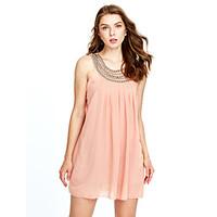 Women\'s Casual/Daily Street chic Chiffon Dress, Solid Round Neck Above Knee Sleeveless Pink / Beige / Black Polyester Summer