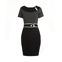 Women\'s Elegant Vintage Sheath Round Collar Polka Dots Splicing Pencil Dress, Short Sleeve Plus Size