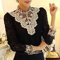 Women\'s Lace Lace Crochet Black/Beige Blouse, Vintage Stand Collar Long Sleeve