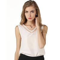 Women\'s Backless Casual/Daily Simple Spring Summer Tank Top, Solid Patchwork V Neck Sleeveless White Black Polyester Translucent Thin