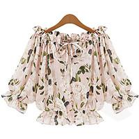 Women\'s Off The Shoulder Casual/Daily Simple Cute Spring Summer Blouse, Floral Boat Neck ½ Length Sleeve Beige Polyester Opaque Thin