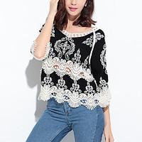 Women\'s EmbroideryFlare Sleeve Going out Holiday Vintage Street chic Spring Fall T-shirtPatchwork Lace Hollow Out All Match Round Neck Sleeve Medium