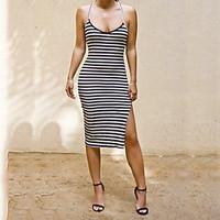 Women\'s Fine Stripe Casual/Daily / Beach Sexy Loose DressStriped Strap Knee-length Sleeveless White Polyester Summer