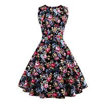 Women\'s Party / Plus Size Vintage Swing Dress, Floral Round Neck Knee-length Sleeveless Black Cotton Summer