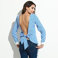 Women\'s Fine Stripe Casual/Daily Sexy Blouse, Striped Boat Neck Long Sleeve Blue / Pink Cotton / Polyester Thin
