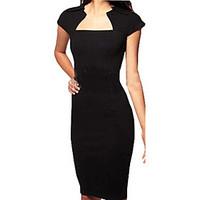 womens solid black dress sexy square neck short sleeve