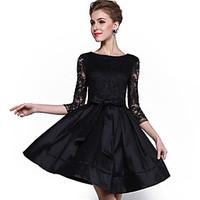 Women\'s Lace Party/Plus Size Sophisticated Lace/Little Black/Skater Dress, Solid Round Neck Above Knee ¾ Sleeve BlackPolyester/
