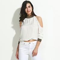 Women\'s Off The Shoulder Sexy Casual Cute Plus Sizes Inelastic Long Sleeve Regular Shirt (Sequin/Chiffon)