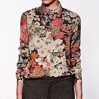 Women\'s Casual/Daily Simple Spring / Summer / Fall Shirt, Floral Shirt Collar Long Sleeve Multi-color Thin