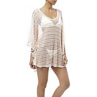 Women\'s V Neck Bat Sleeve Loose Beach Cover-Up Solid Mesh Lace Polyester Beige