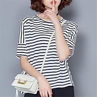 Women\'s Going out Casual/Daily Street chic Spring Summer T-shirt, Striped Round Neck Short Sleeve Cotton Polyester Medium